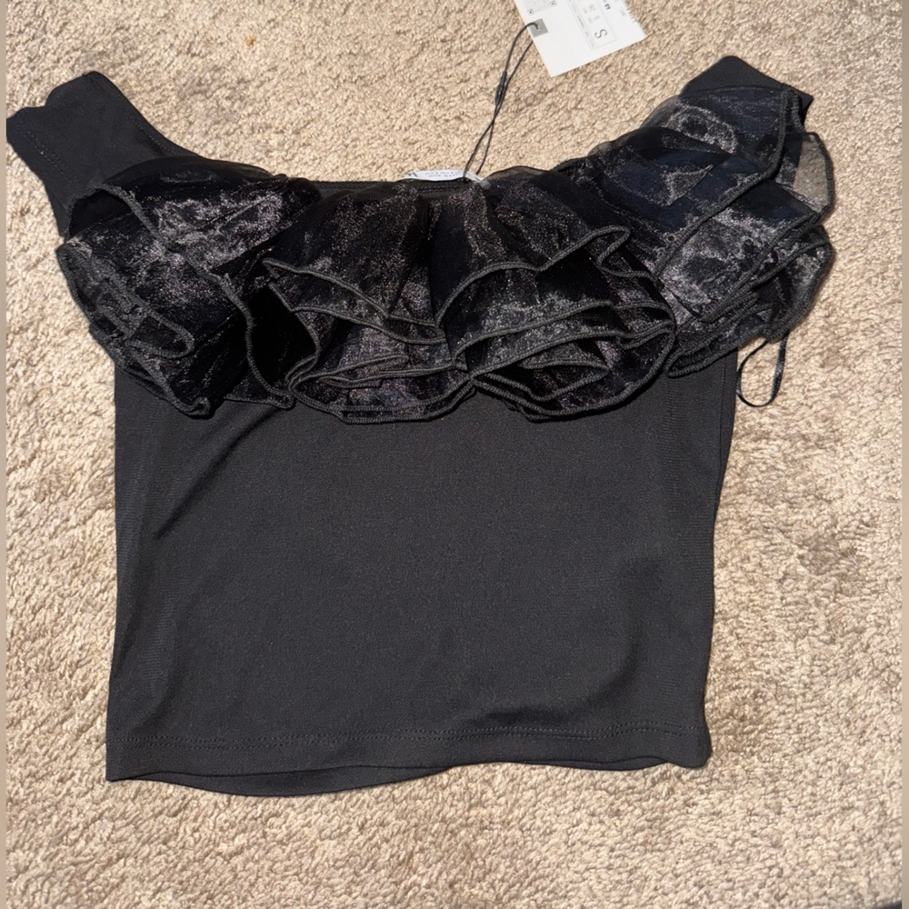 Zara Black Velvet Ruffle Crop Top